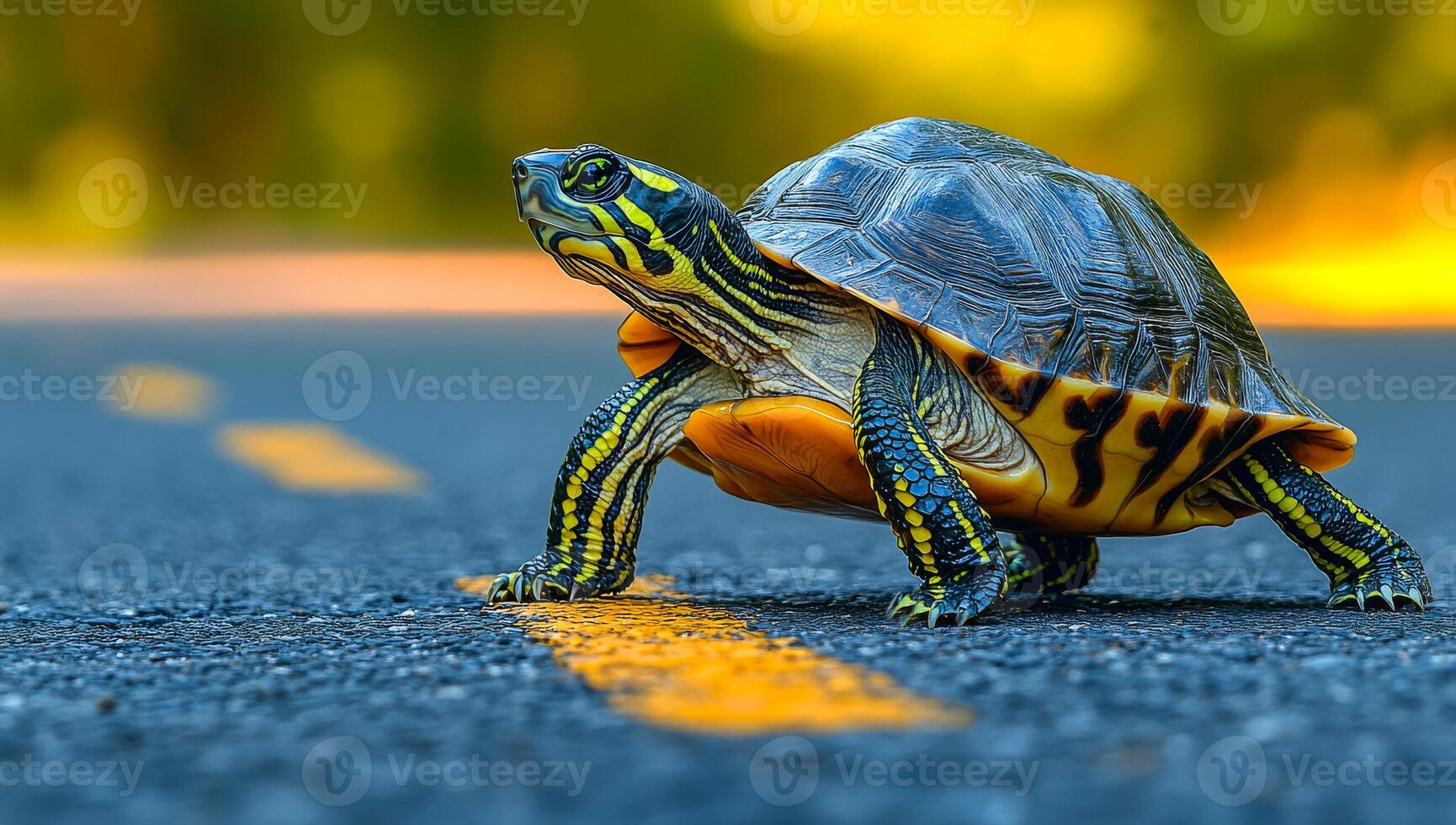 A small turtle is walking across a road. The turtle is yellow and black photo