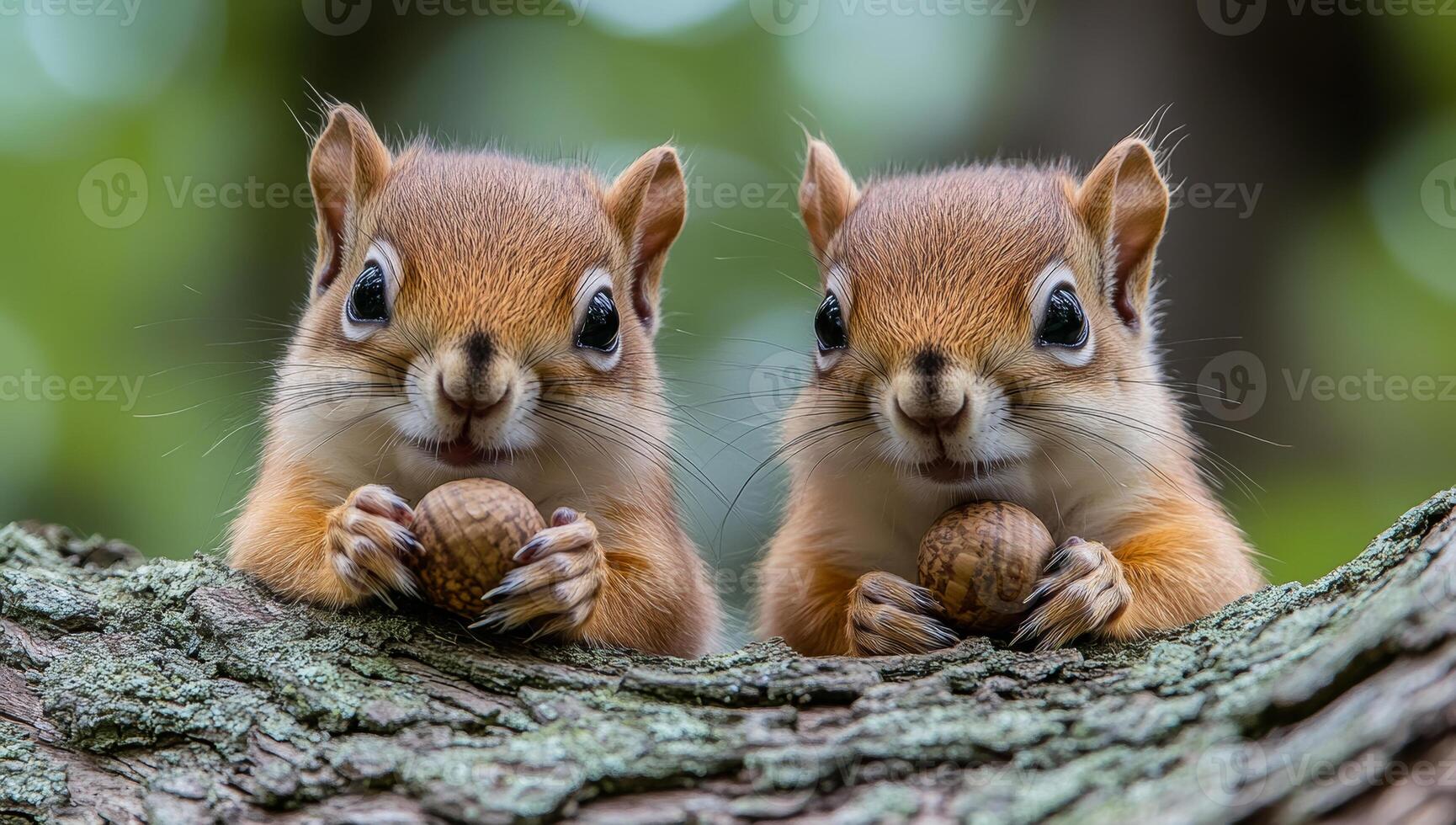 Two baby squirrels are sitting on a tree branch, one of them holding a nut in its mouth photo