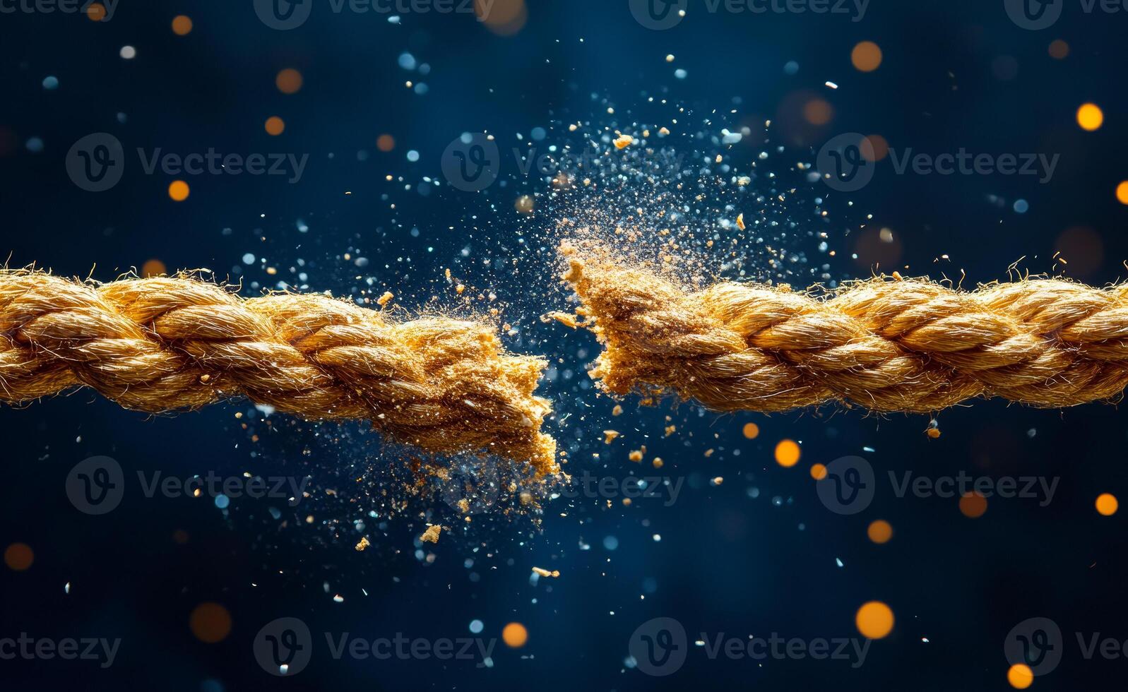 A rope is torn in half, with a lot of debris flying out of it. Concept of destruction and chaos photo