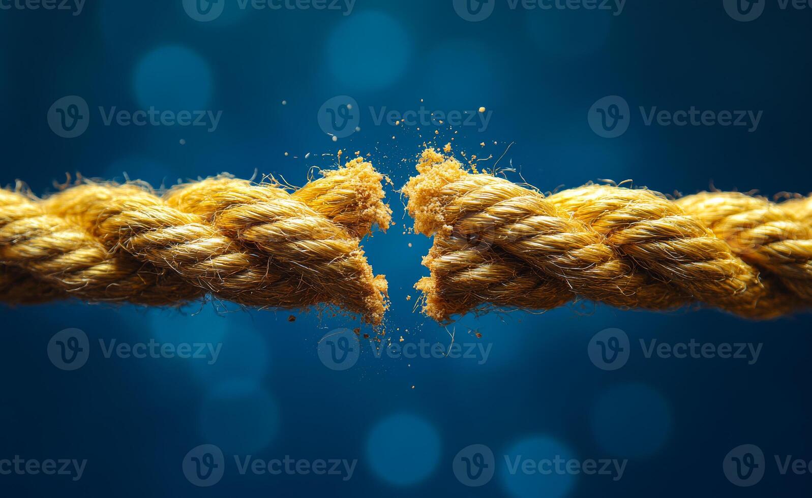 A rope is split in half, with one half hanging down and the other half hanging up. The rope is frayed and worn, and the split is deep. Concept of tension and conflict photo