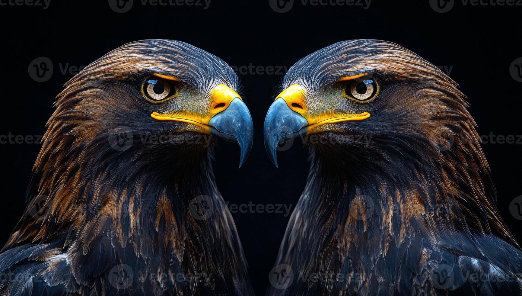 Two golden eagle's faces are shown side by side. The birds have yellow beaks and eyes photo