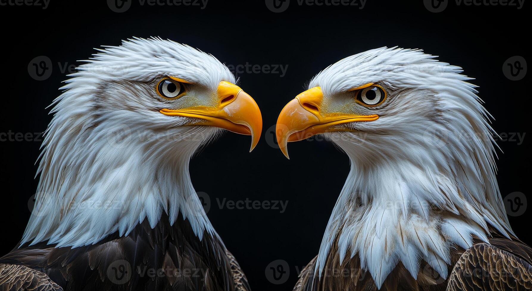 Two eagles facing each other with their beaks open. Concept of strength and power, as the birds are depicted as majestic and formidable creatures photo