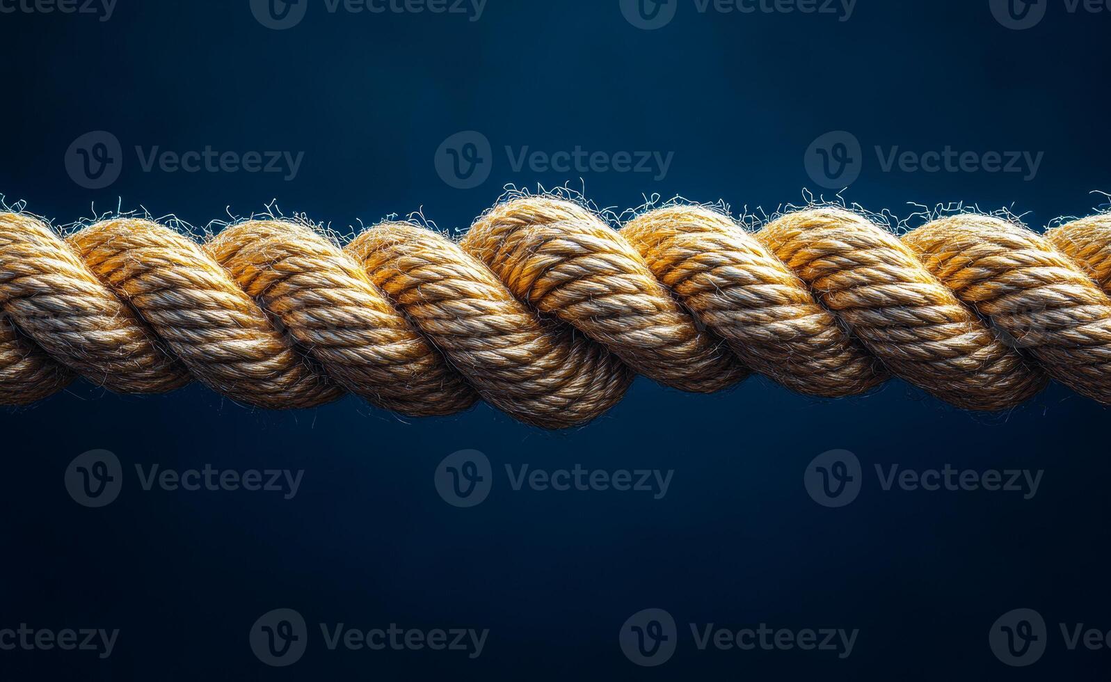 A rope is twisted and knotted. The rope is brown and the knot is in the middle of the rope photo