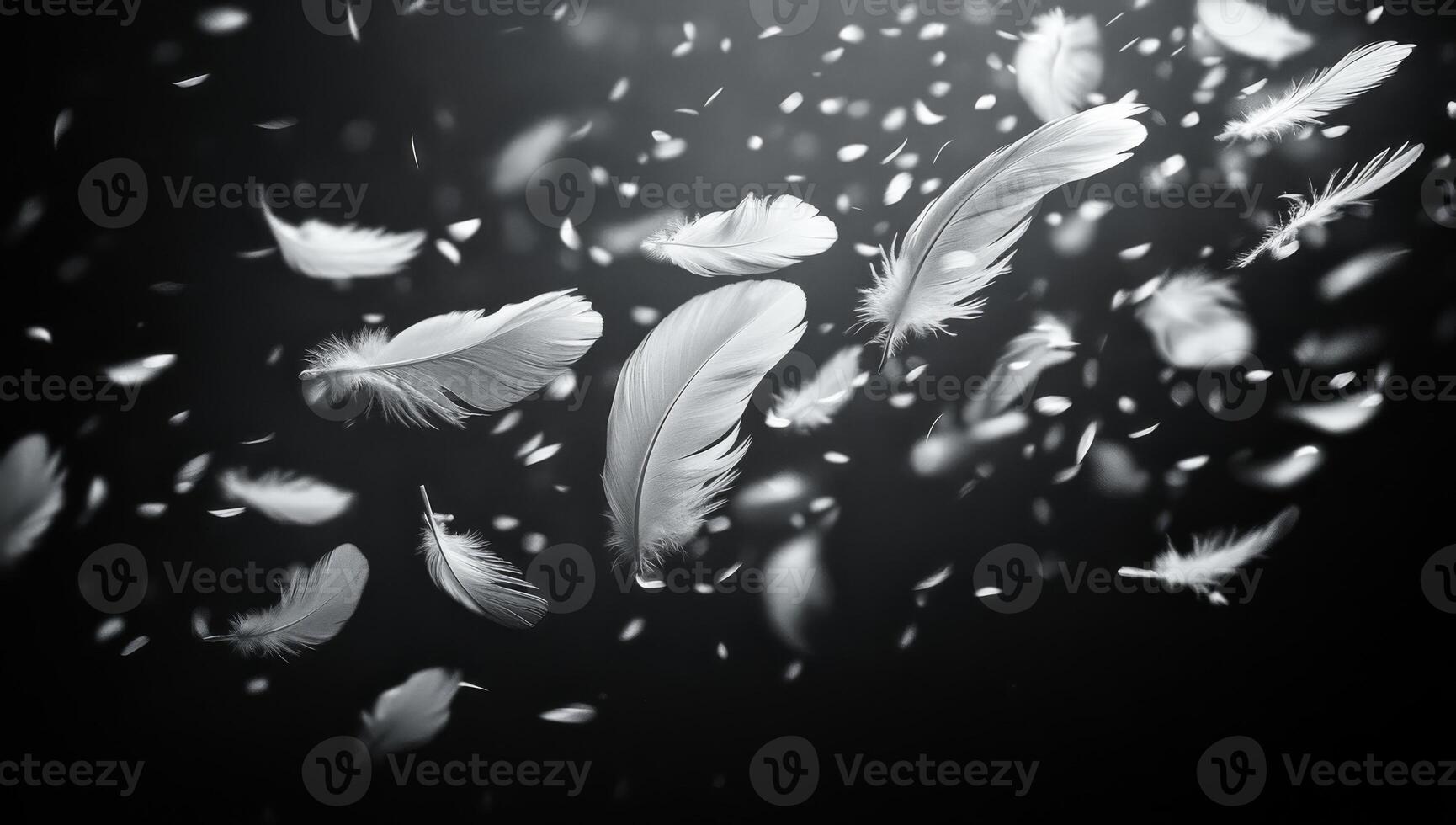 A large number of white feathers floating in the air. The feathers are scattered all over the scene, creating a sense of movement and freedom photo