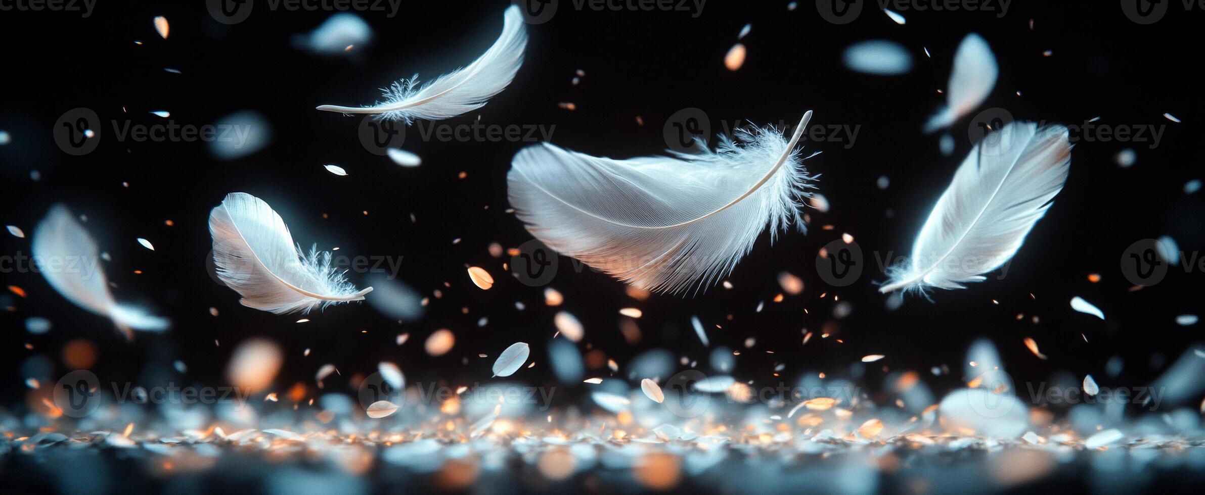 A black background with a large number of white feathers scattered throughout. The feathers are in various sizes and are flying in different directions, creating a sense of movement and chaos photo