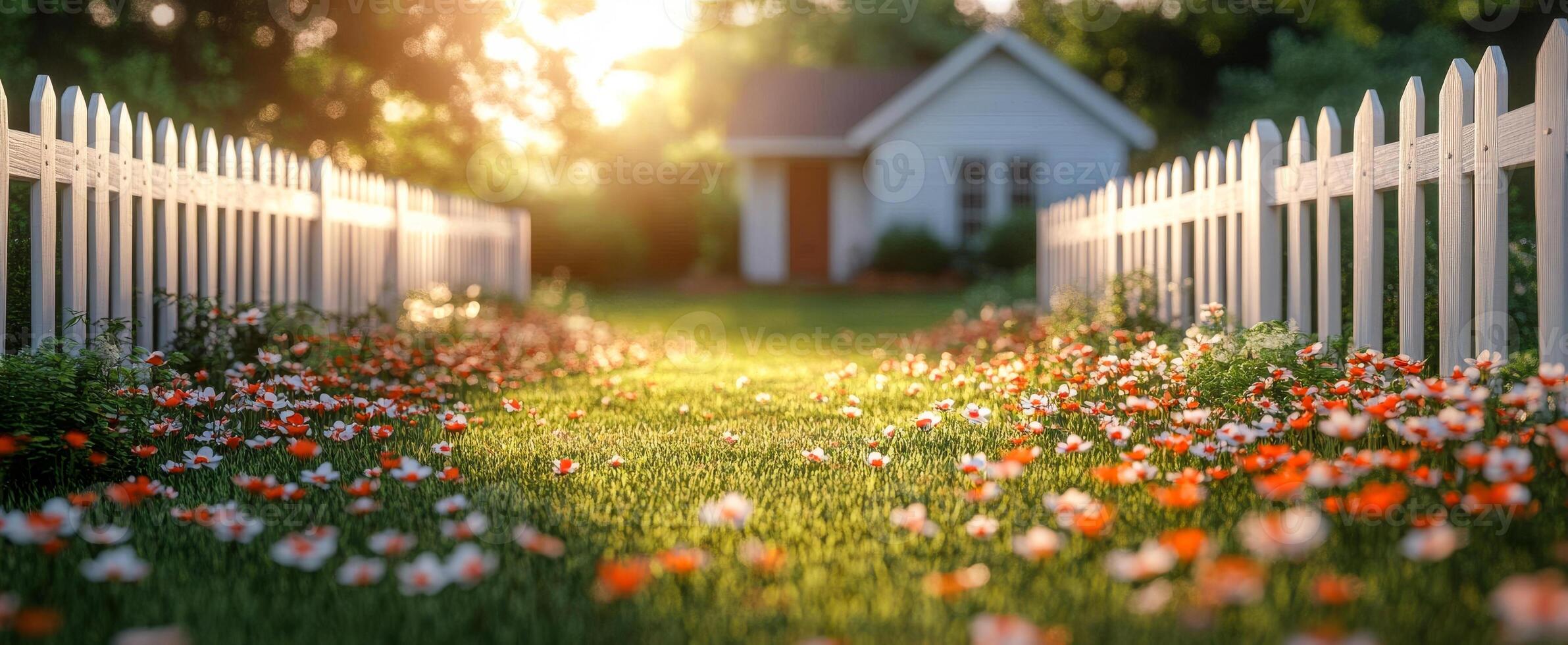 A white fence surrounds a white house with a red door. The fence is made of white wood and is placed in front of the house. The house is a small, cozy cottage with a white exterior and a red door photo