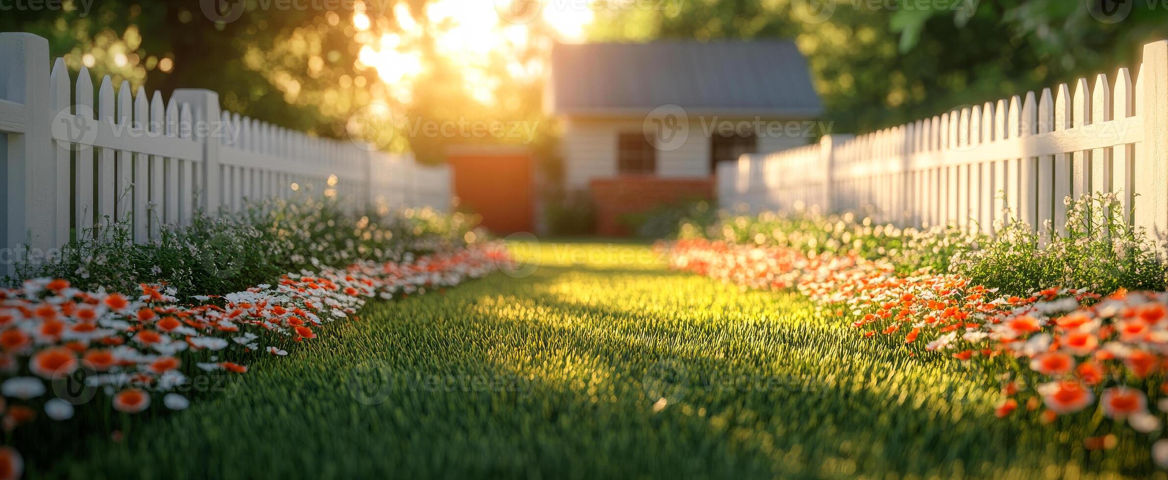 A white picket fence with a white house in the background. The fence is surrounded by a garden of flowers photo