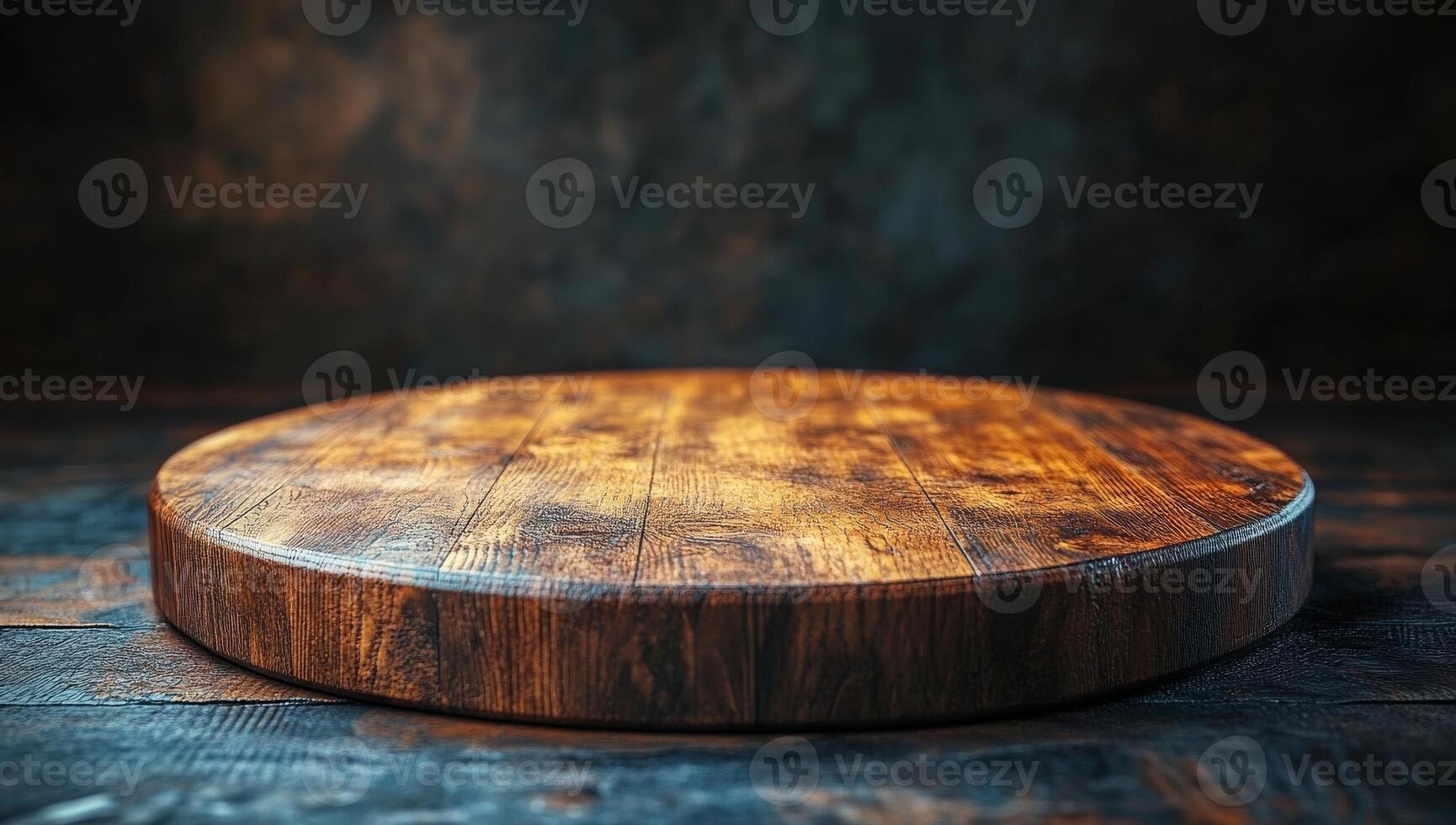 A wooden table with a round top. The table is empty and has a wooden surface. The table is in a dark room photo