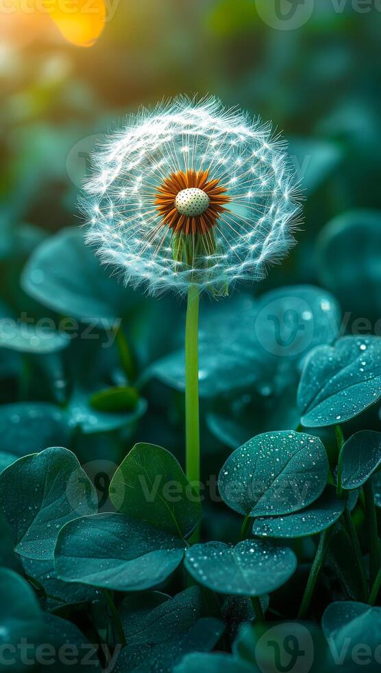 A small flower with a yellow center is surrounded by green leaves. The flower is the main focus of the image, and the green leaves provide a contrasting background photo