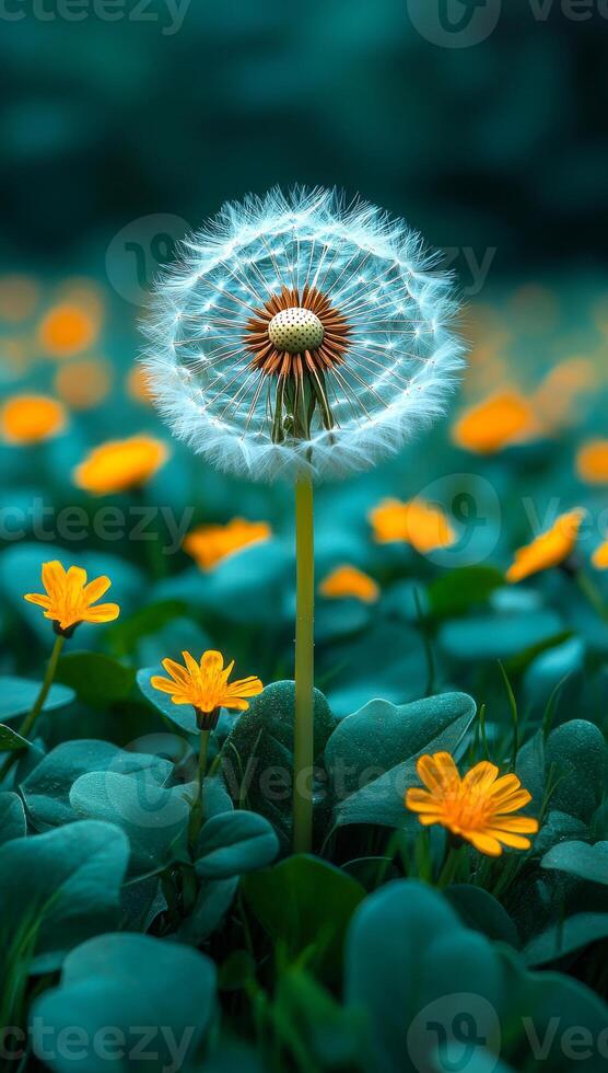 A dandelion is the main focus of the image, surrounded by a field of yellow flowers. The dandelion is the only flower in the foreground, while the rest of the flowers are in the background photo