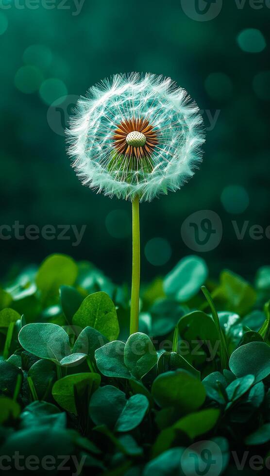A dandelion is the main focus of the image, with its white petals and green stem. The dandelion is surrounded by green leaves, creating a lush and vibrant scene. Concept of growth and renewal photo