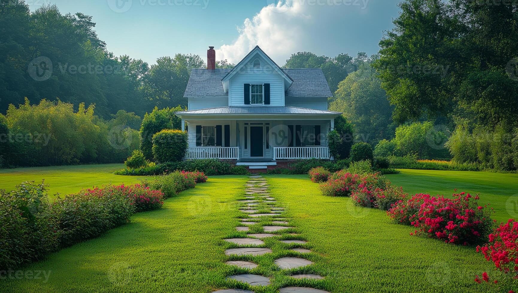 A large white house with a large yard and a path leading to it. The yard is filled with flowers and the house has a porch photo