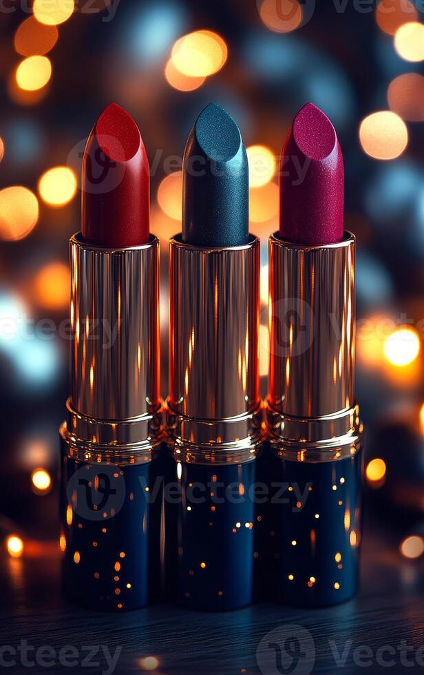 Three sparkly lipstick shades. Three bold lipsticks in elegant packaging shine against a backdrop of shimmering lights. photo