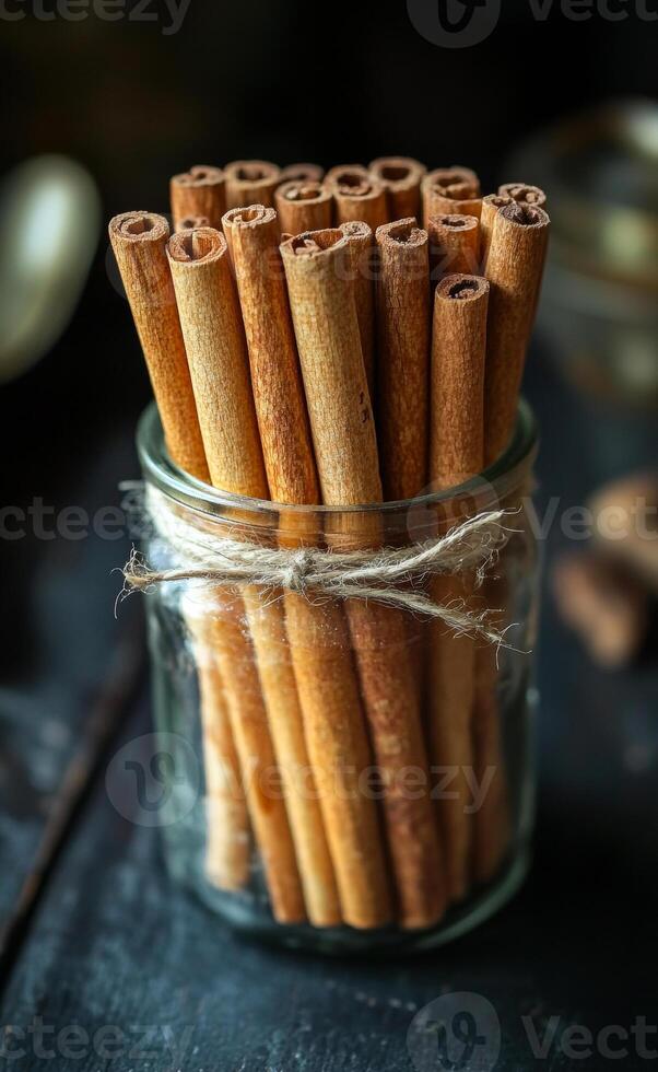 Cinnamon sticks arranged in a glass jar. A rustic glass jar filled with numerous cinnamon sticks tied with twine, accentuating the warm, earthy tones. photo
