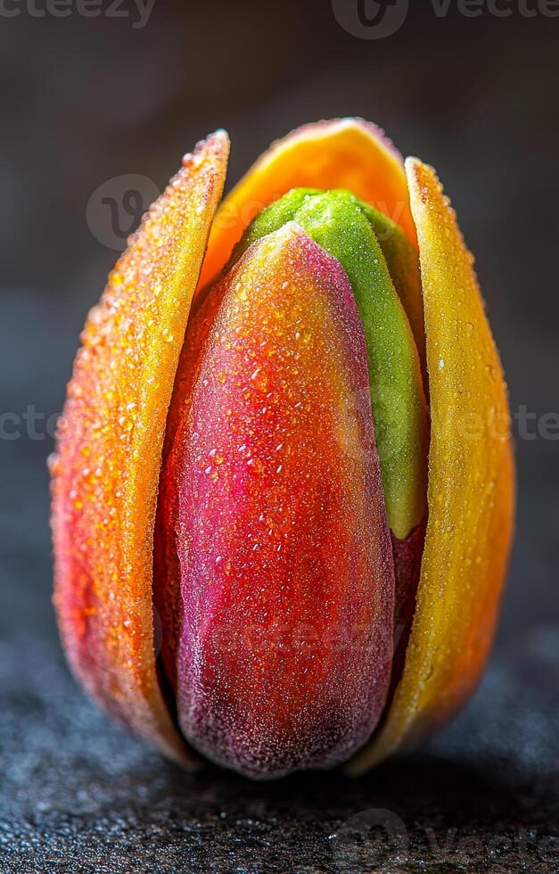 Vibrant tulip bud in close-up view. A colorful tulip bud emerges, showcasing vibrant hues of orange, pink, and green, glistening with moisture. photo
