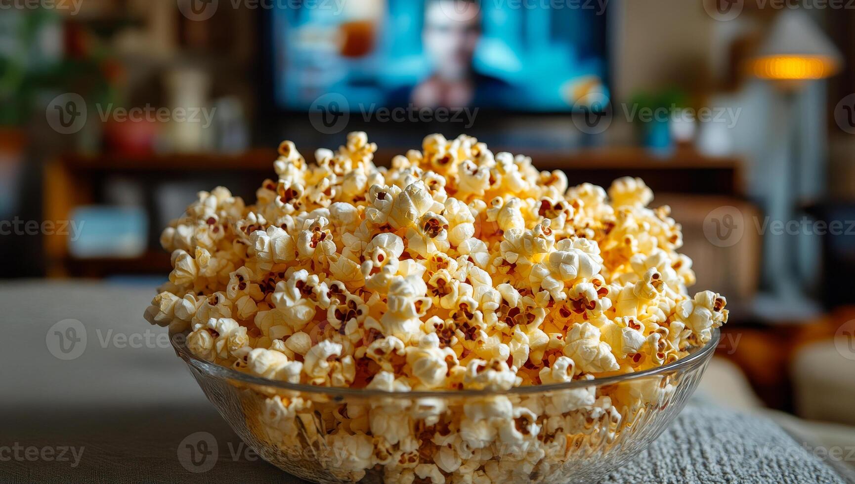 Perfect popcorn ready for movie night. A large bowl of fresh popcorn sits on a table while a movie plays on the television in a cozy living room. photo