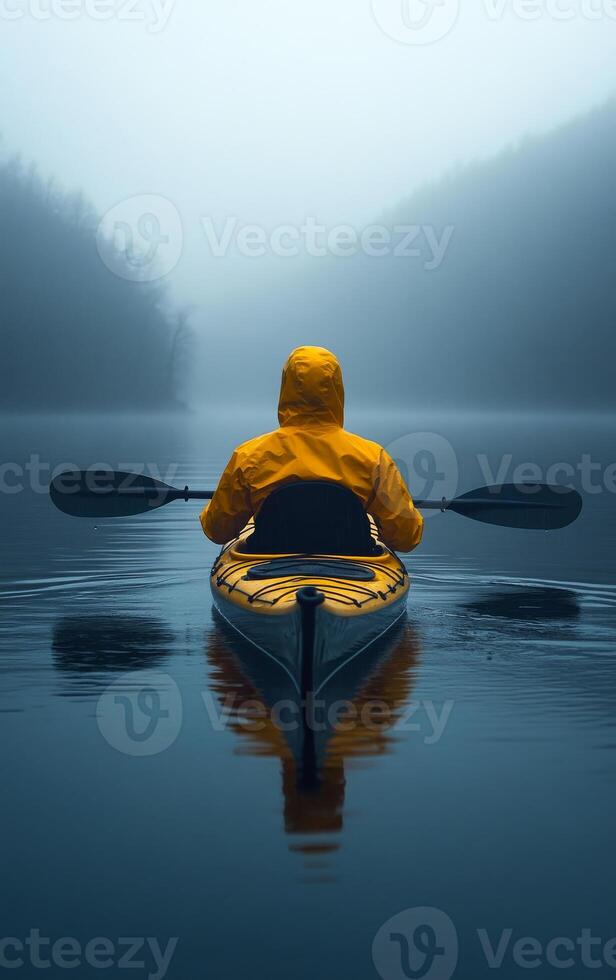 Misty morning kayaker. A person in a yellow rain jacket paddles a kayak through calm, foggy waters surrounded by mountains. photo
