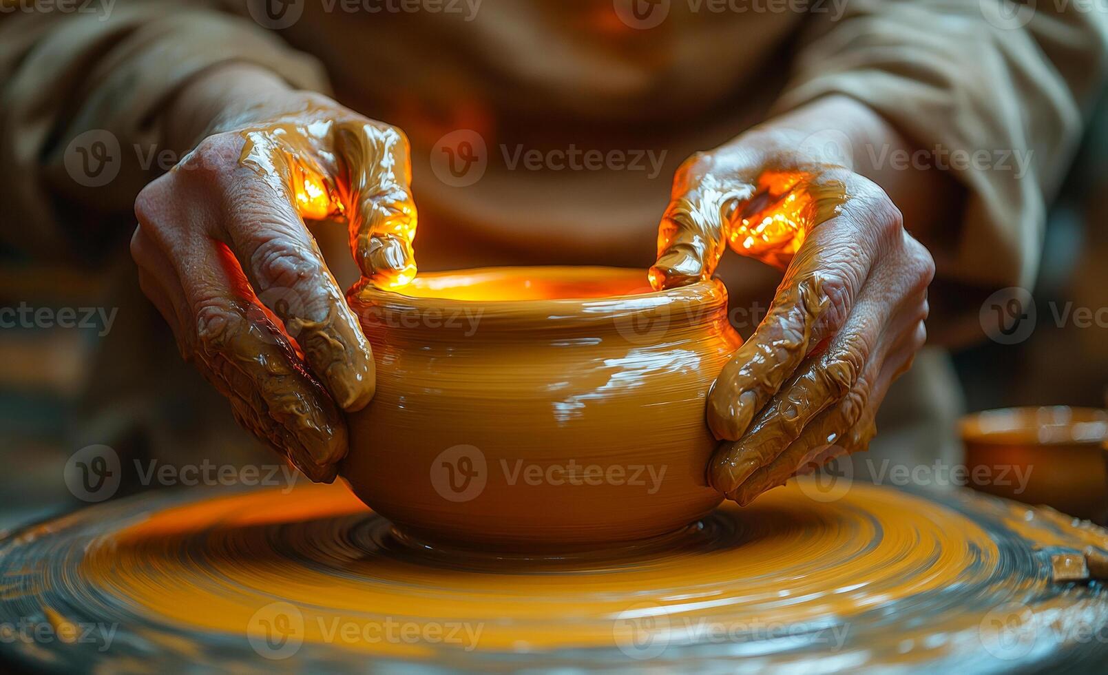 Pottery making process in a workshop. Hands are shaping a pottery bowl on a wheel in a clay workshop during a sunny afternoon. photo