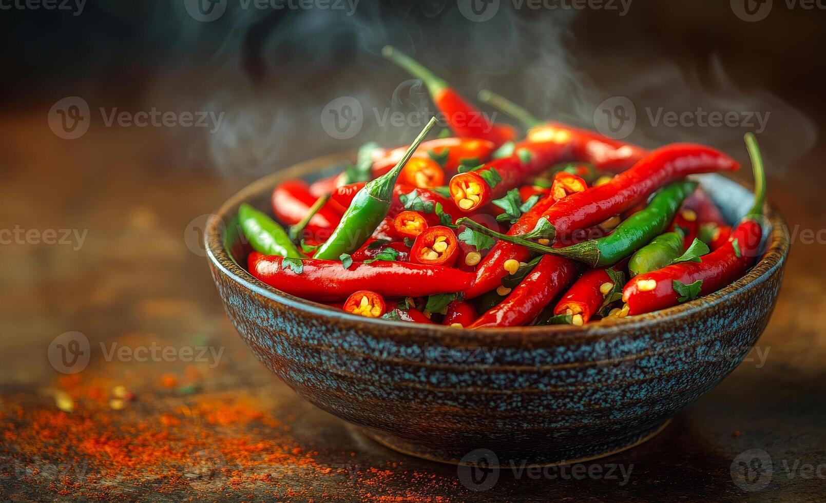 Bowl of fresh chili peppers. A bowl filled with vibrant red and green chili peppers sits on a rustic surface, steam lightly rising from them. photo