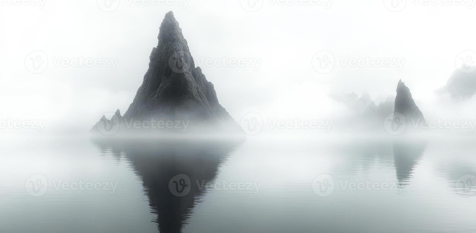 Mountains rise from calm waters. Mist envelops towering mountains emerging from still water, creating a serene and mysterious landscape at dawn. photo