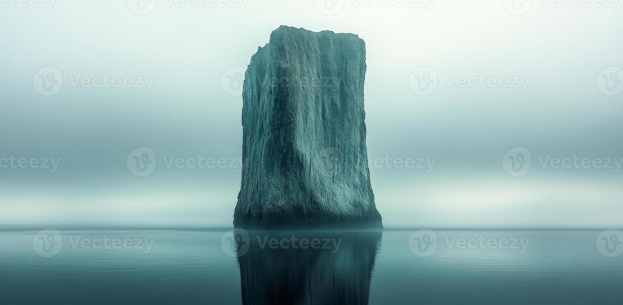 Majestic rock formation in misty waters. A towering rock formation stands alone in calm waters, surrounded by a dense fog at dawn, creating a serene atmosphere. photo