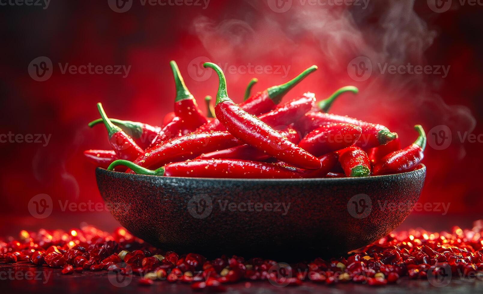 Vibrant red chilies in a rustic bowl. A bowl filled with fresh red chilies sits on a dark surface, surrounded by scattered seeds and emitting steam. photo