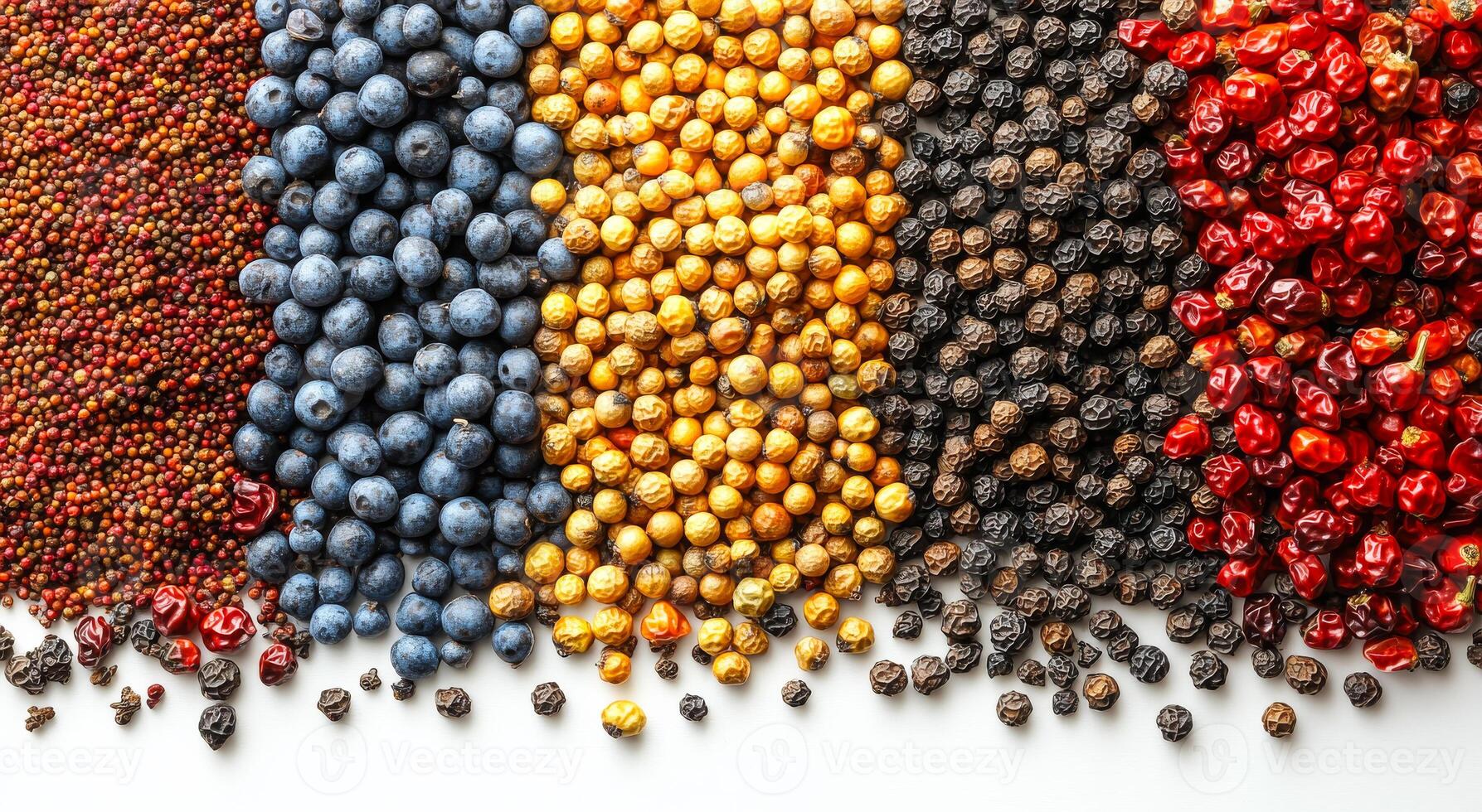 Vibrant spices and fruits display. A vibrant arrangement of various spices and dried fruits showcases their rich colors and textures on a white surface. photo