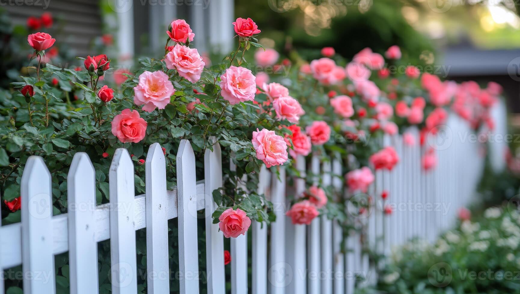 Roses by a white fence. Lush pink and peach roses flourish on a white picket fence in a vibrant garden during bright daylight. photo