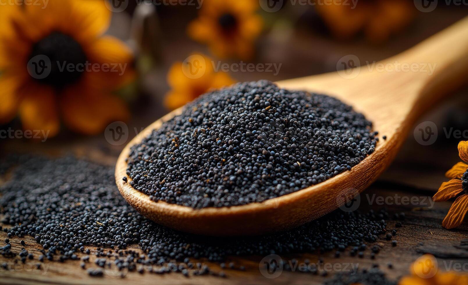 Poppy seeds on wooden spoon with flowers. A wooden spoon filled with black poppy seeds rests on a rustic wooden surface, surrounded by yellow flowers. photo