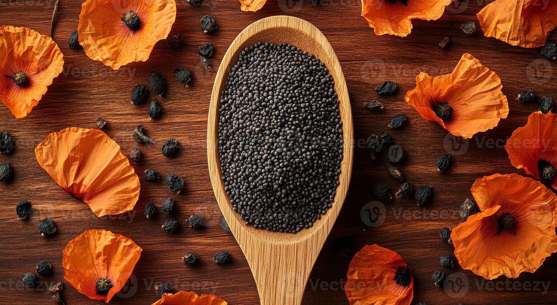 Poppy seeds and petals on tray. A wooden spoon holds black poppy seeds surrounded by vibrant dried orange petals on a rustic wooden surface. photo