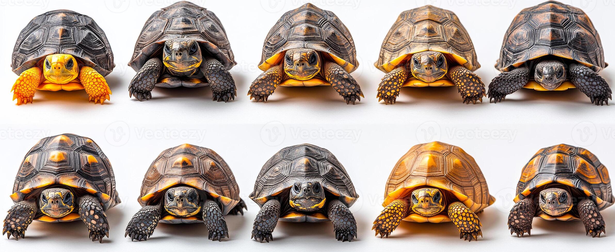 Unique patterned tortoises. Tortoises line up, displaying their unique shell patterns and colors against a simple background. photo