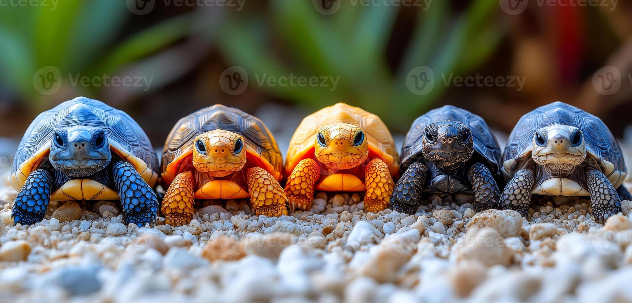 Colorful tortoises lined up in sunlight. Five vibrant tortoises in various colors rest on a gravel surface under bright sunlight, surrounded by greenery. photo