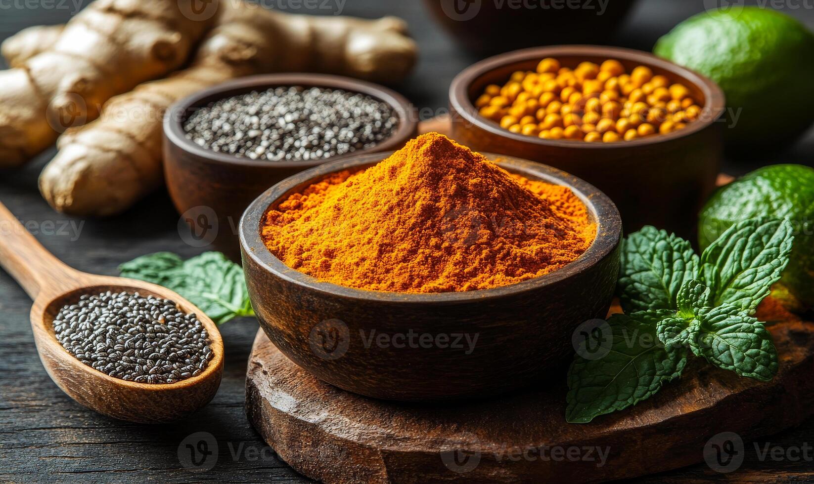 Herbs and spices on wood. Bowls of vibrant spices and herbs are artfully arranged with fresh limes and ginger on a rustic table. photo