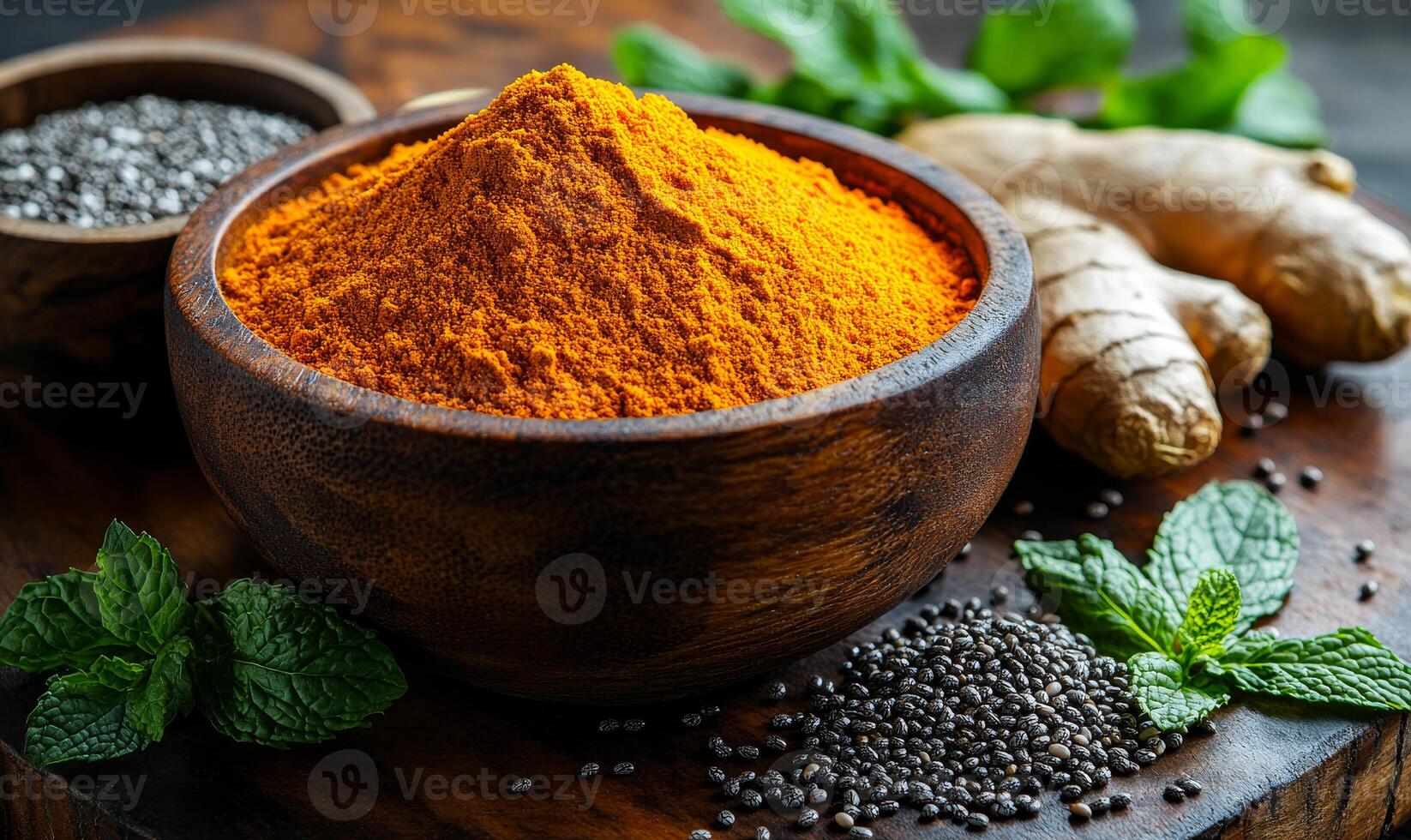 Fresh herbs and spices board. Bright turmeric is in a wooden bowl with fresh ginger, mint leaves, and chia seeds for cooking prep. photo