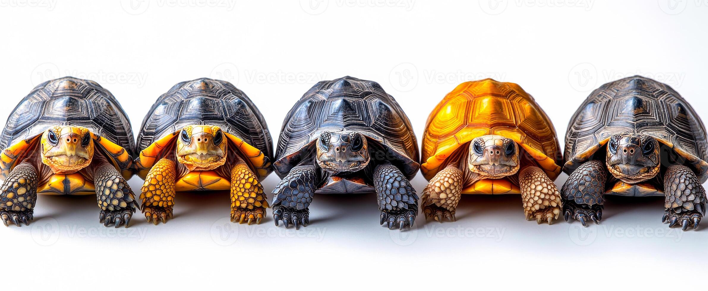 Colorful turtles lined up in a row. Five turtles display unique shell colors while facing forward, showcasing their vibrant patterns and textures. photo