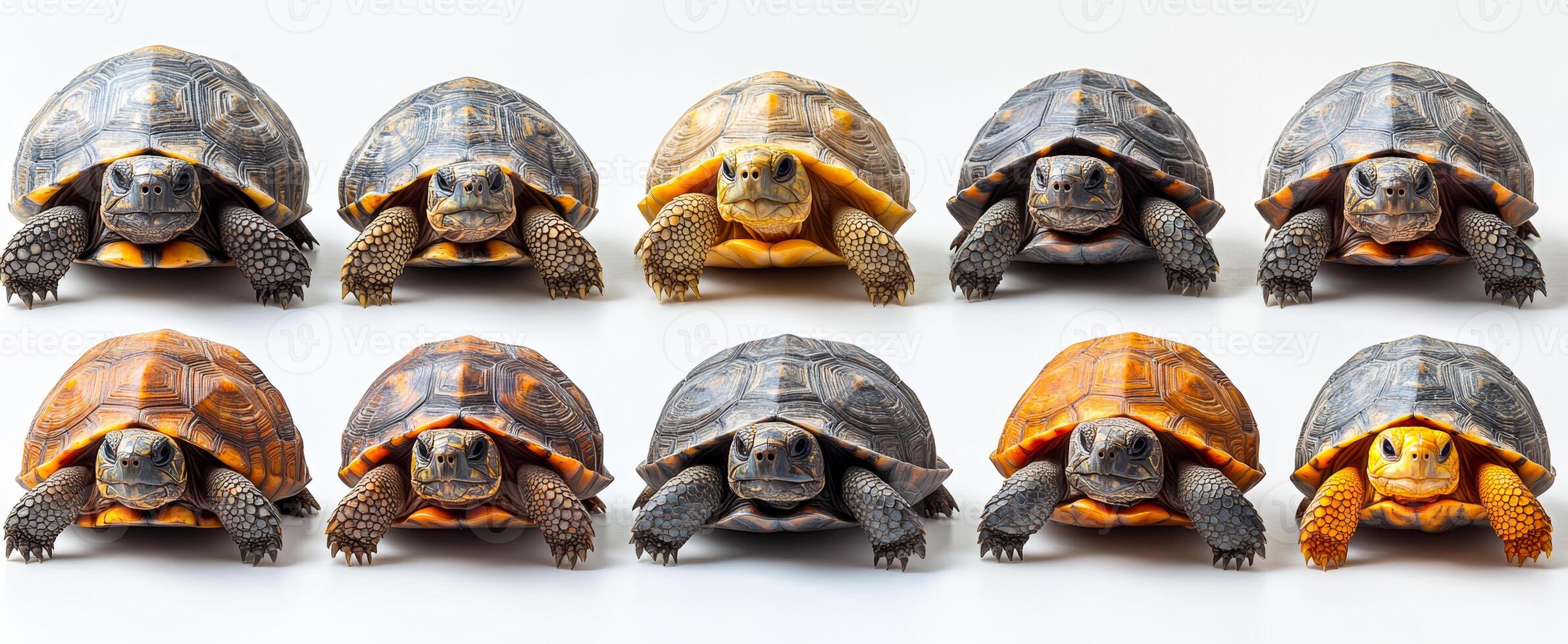 Tortoises lined up in colorful display. A group of tortoises arranged in two rows showcases various colors and patterns on their shells. photo