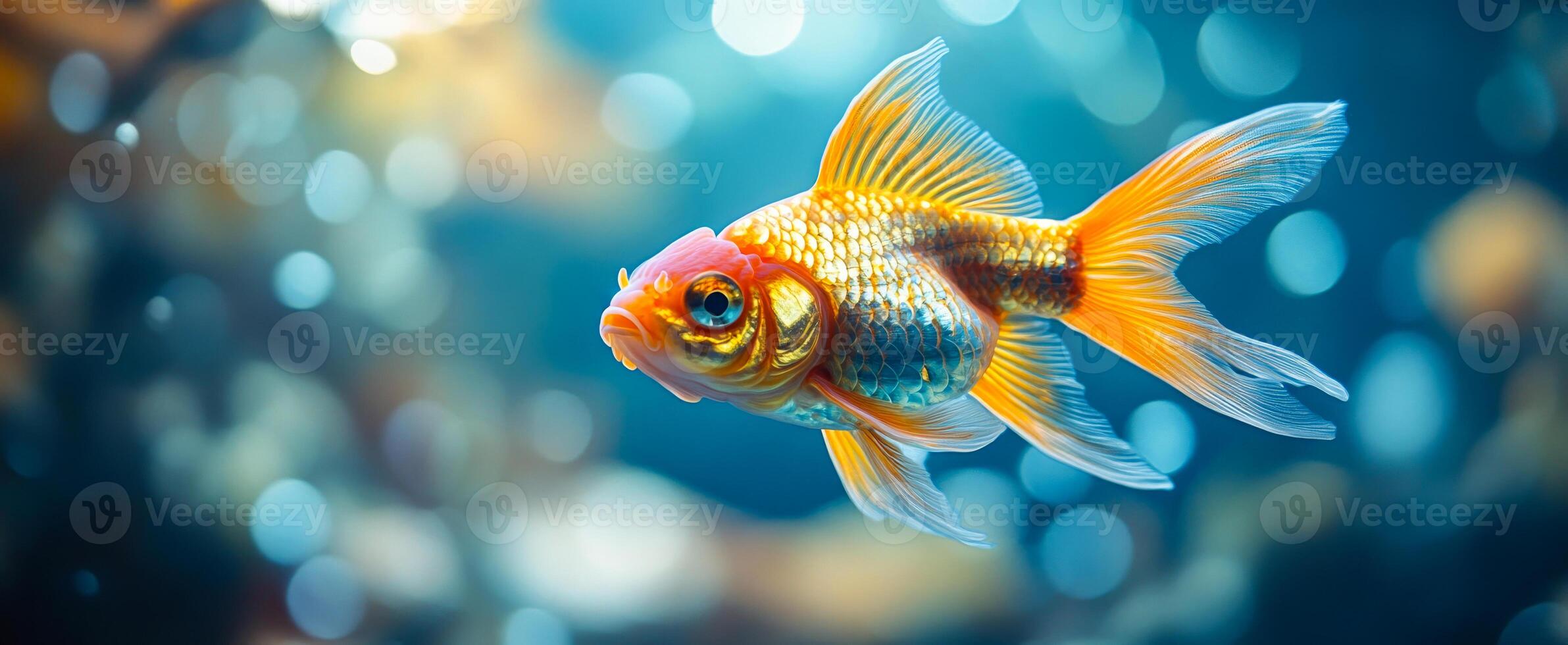 Goldfish swim in clear water. Bright goldfish glides through clear water, surrounded by soft bubbles and shimmering light effects. photo