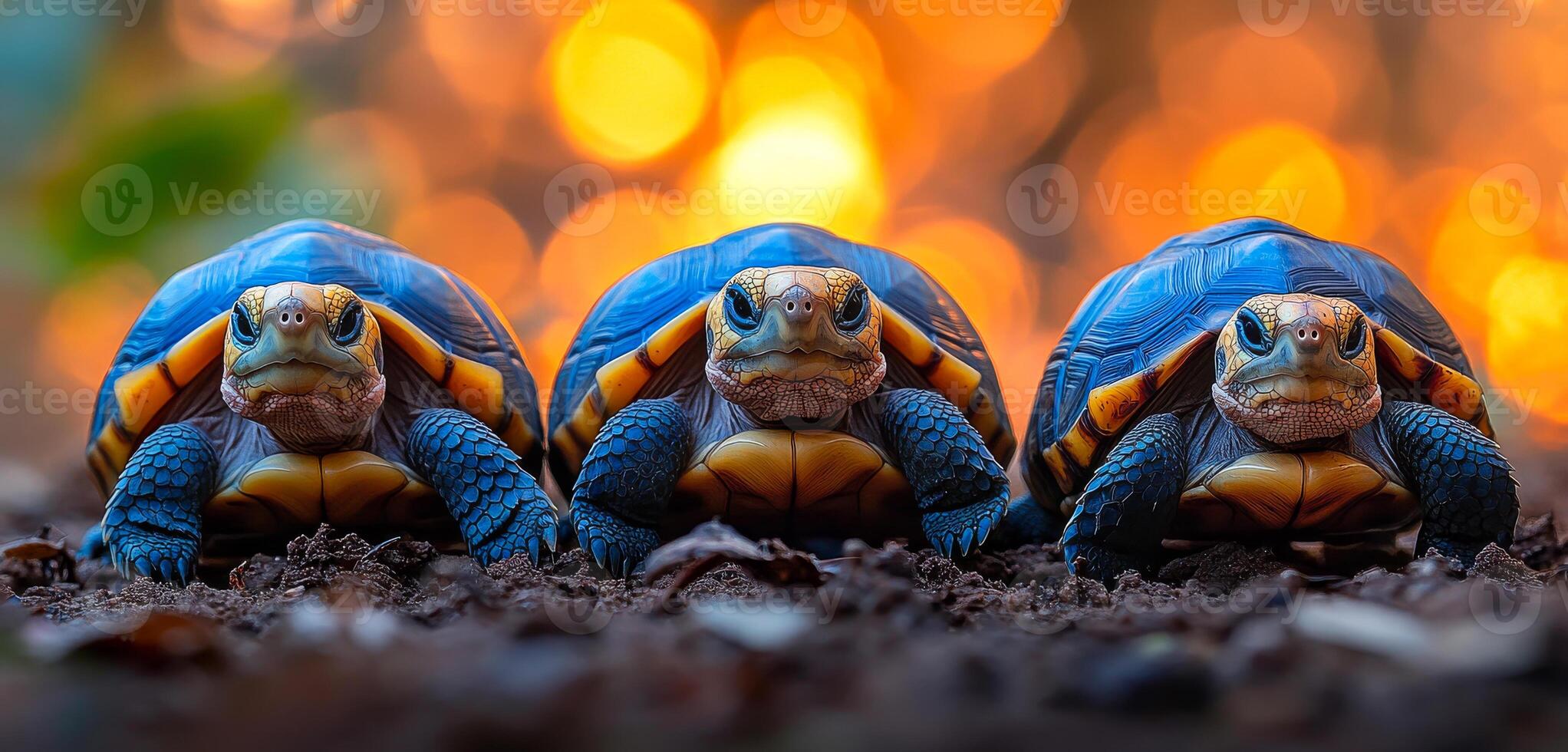 Turtles basking in the sun. Three vibrant turtles sit side by side on the ground, basking in warm sunlight with a blurred background. photo