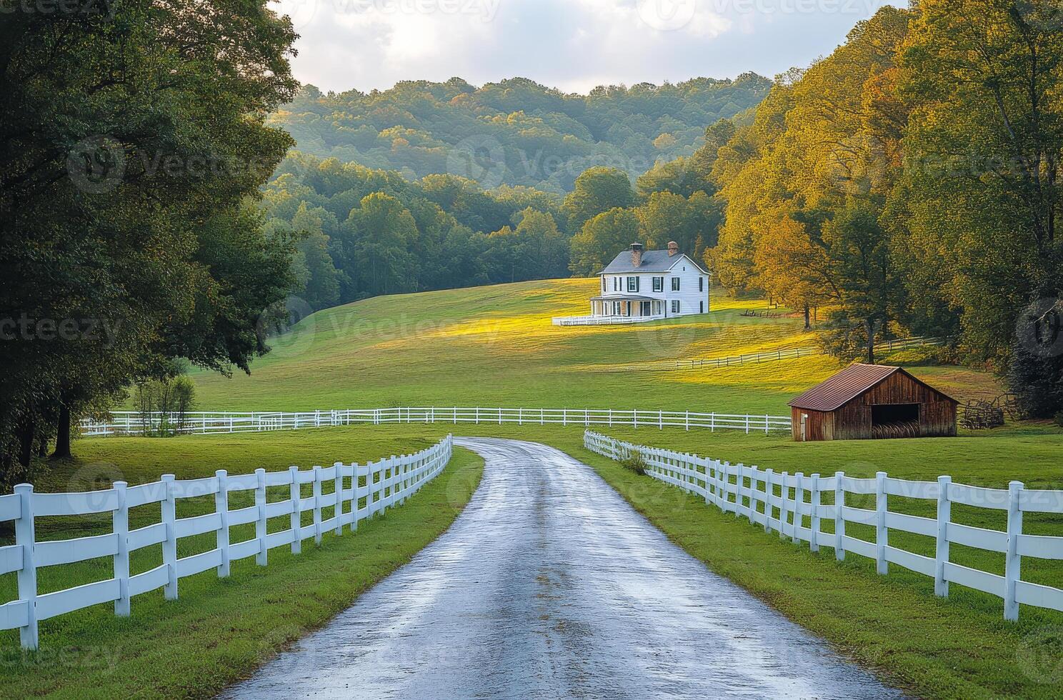 Charming farmhouse on a scenic road. A winding road leads to a white farmhouse amid lush greenery and trees, creating a peaceful rural scene. photo