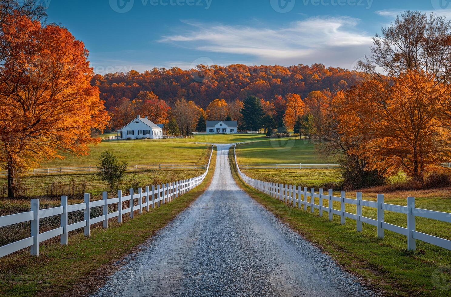 Colorful autumn trees scene. A serene dirt road leads to two houses surrounded by vibrant fall foliage and rolling hills under a clear sky. photo
