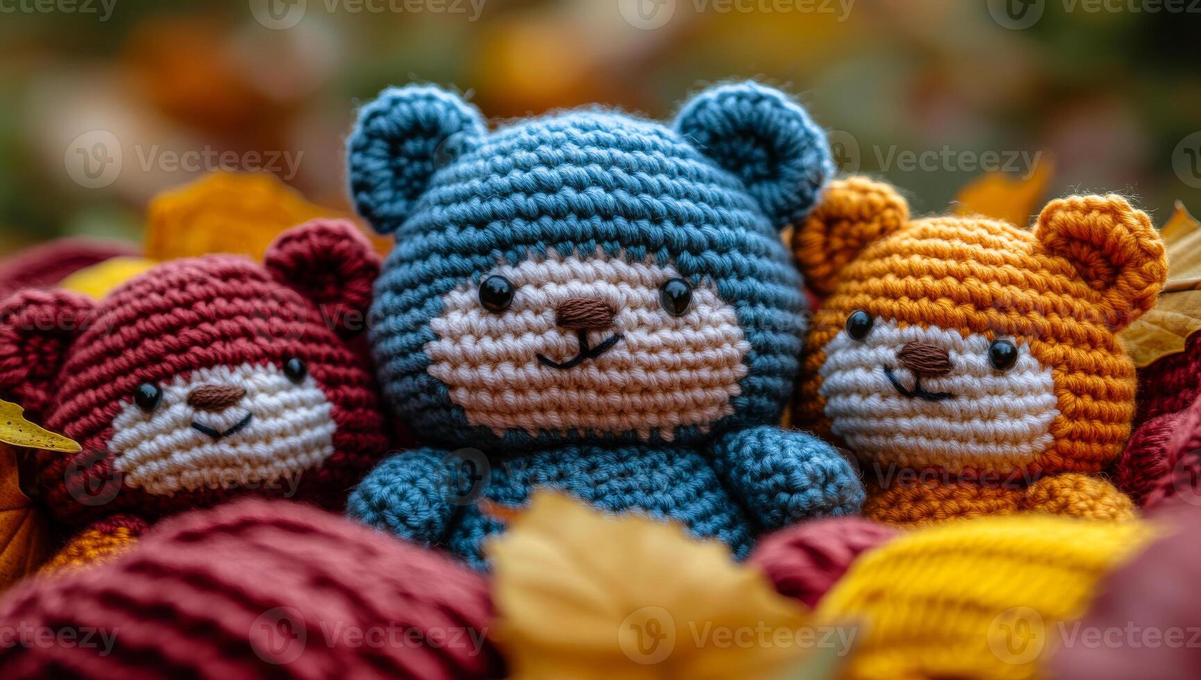 Colorful crochet bears with leaves. Three cute crochet bears in bright colors sit among autumn leaves, highlighting their charming details. photo