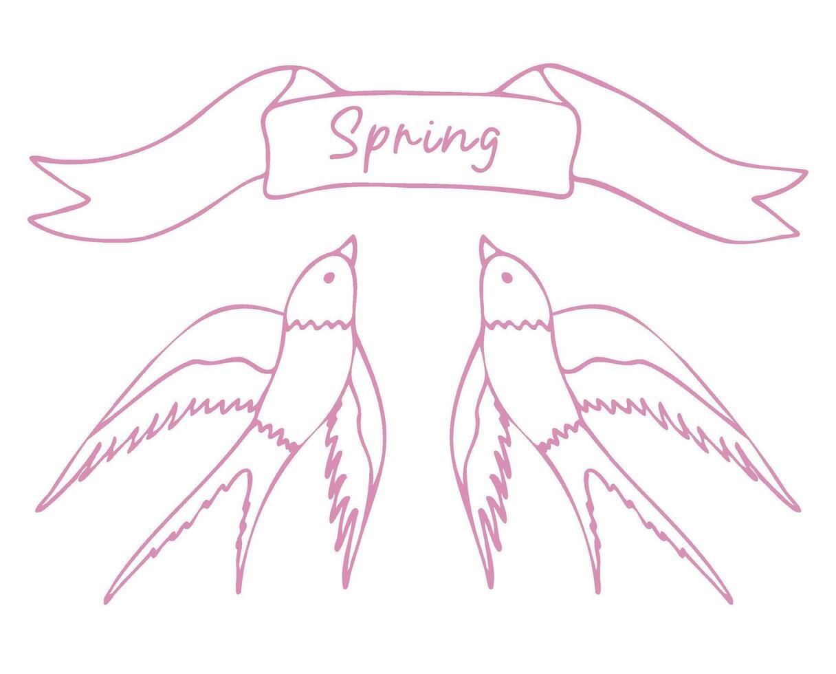 illustration of swallow birds, made by hand. Contoured spring print with birds and a ribbon with a place for the text. An emblem, a logo, a wedding card. vector