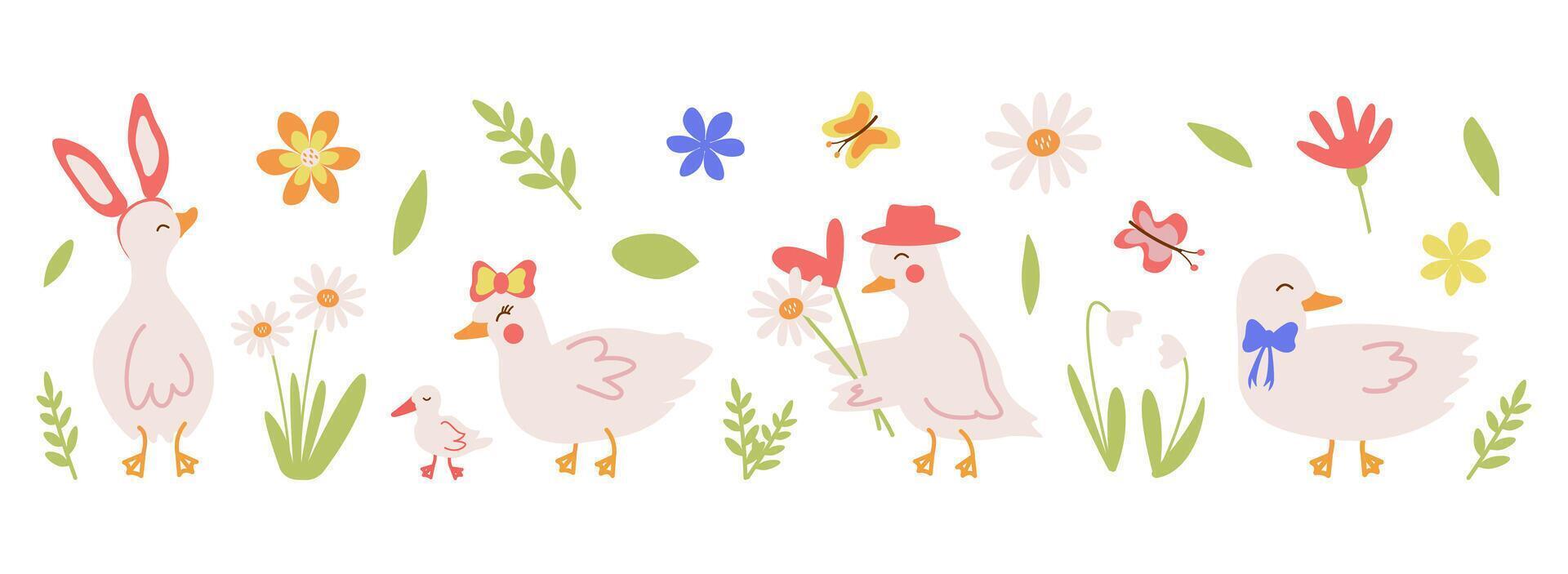 A set of flat illustrations of geese, ducks with flowers and Easter holiday symbols. Daisies, hearts, cute characters and rabbit ears vector