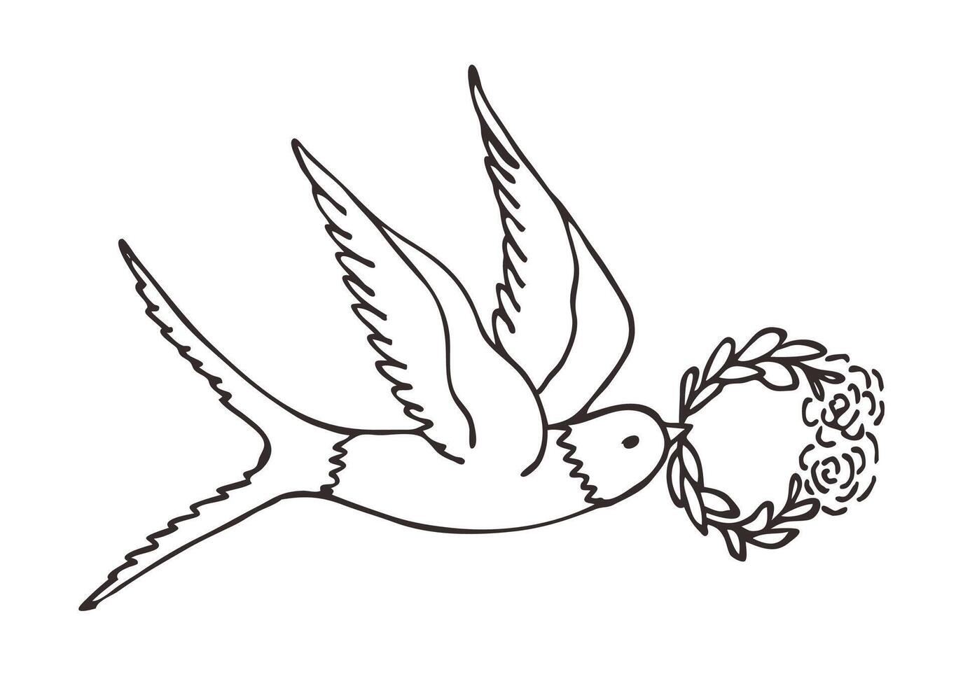 A illustration depicting the first spring bird, a swallow, carrying a flower wreath in flight. It is a symbol of spring, a new life. Hand-drawn. Logo, icon, postcard. vector