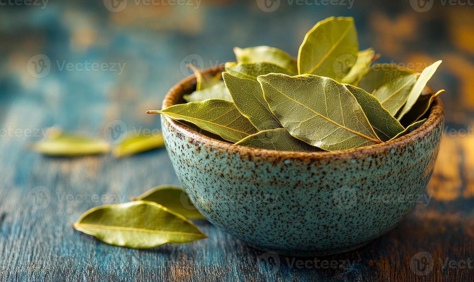 Dried bay leaves in decorative bowl. A bowl filled with dried bay leaves sits on a textured wooden surface showcasing natural elements of culinary art. photo
