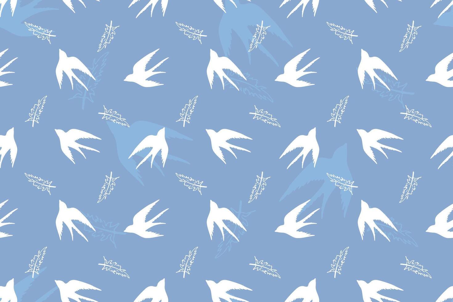Seamless pattern of swallow birds, hand-drawn. Silhouettes of the first spring birds, sky background, birds in flight, wings spread. A symbol of freedom. Modern design for fabric, tableware, wrappers. vector