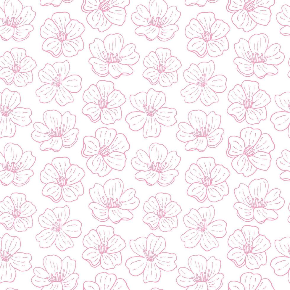 Seamless pattern with pink cherry blossoms, contour ornament, delicate Japanese-style pattern. For clothes, textiles, wallpaper. background vector