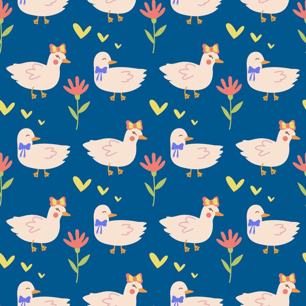Seamless pattern with cute characters, pet ducks on a date, hearts, doodle-style flowers. A fun print for clothes, fabrics, and holiday patterns. vector