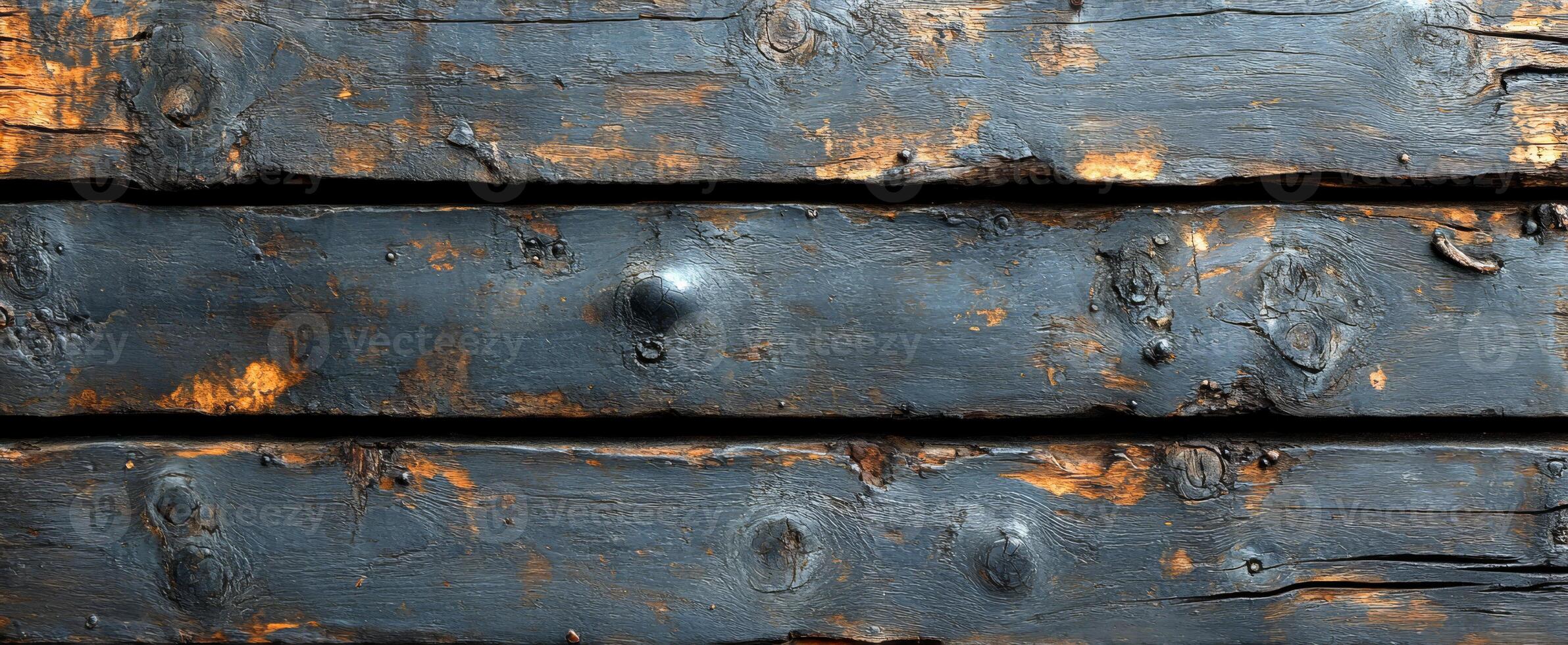 Weathered black wooden planks. Close-up of dark, weathered wood planks showing rustic texture and natural imperfections from age and use. photo