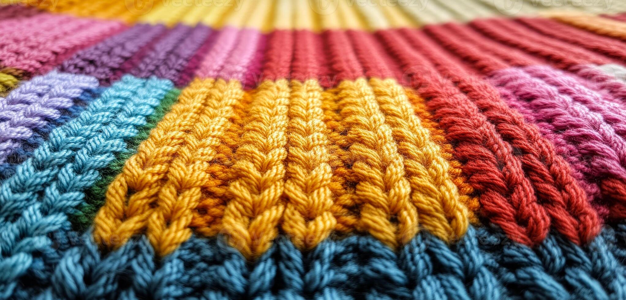 Vibrant knit pattern shines. Brightly colored knitted fabric displays a variety of textures and patterns, creating a cozy and artistic appearance. photo